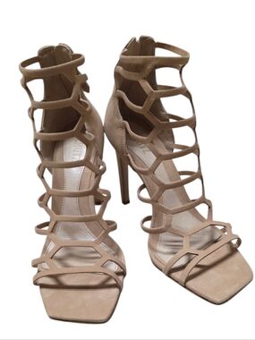 Schutz Juliana Nude Zip Caged Strappy Zip High Heel Nude Sandals